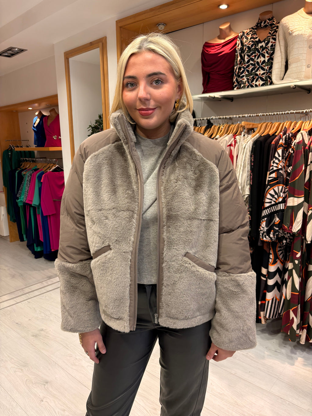 Yaya Taupe Faux Fur & Puffer Contrast Jacket