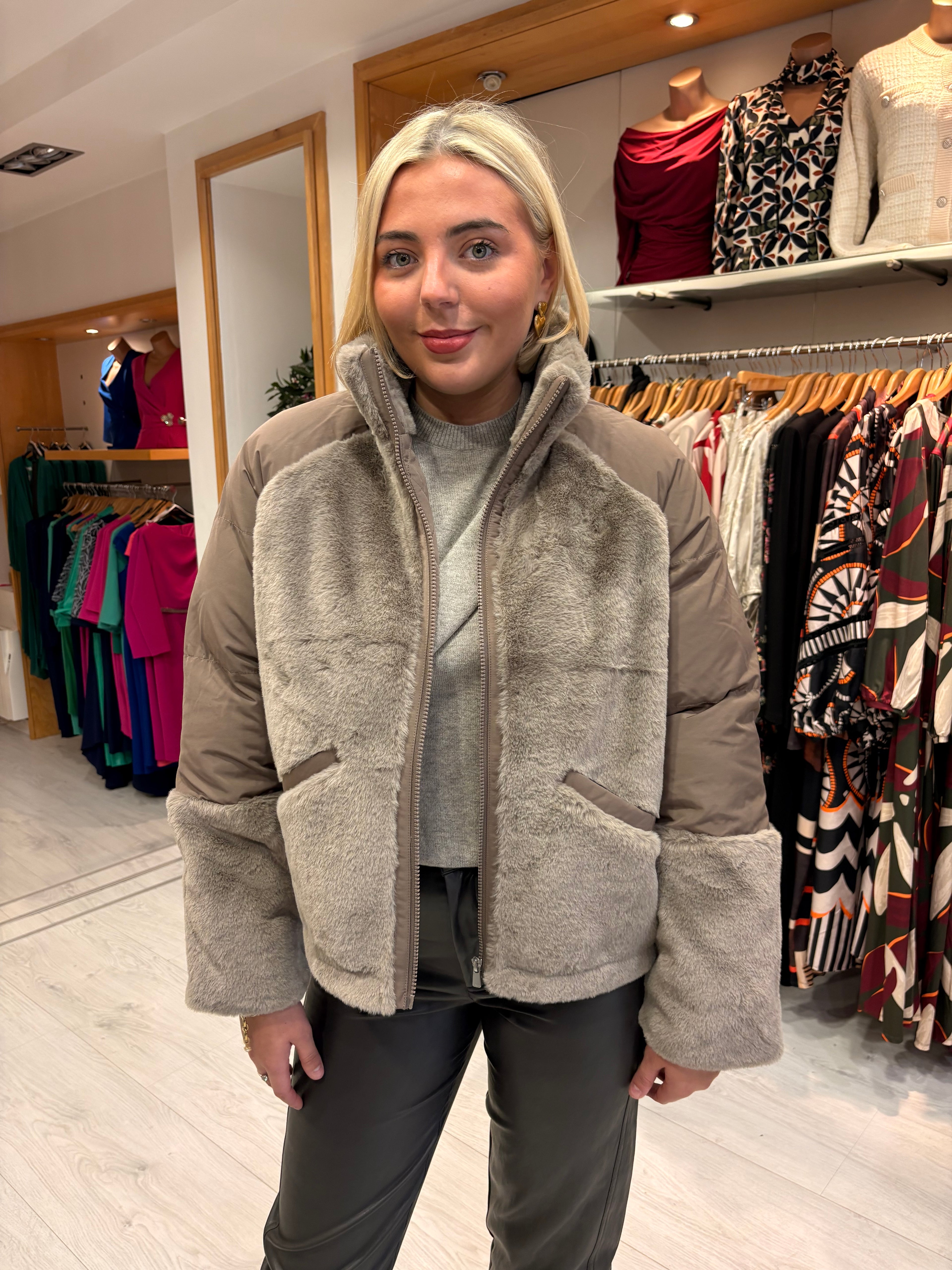 Yaya Taupe Faux Fur & Puffer Contrast Jacket