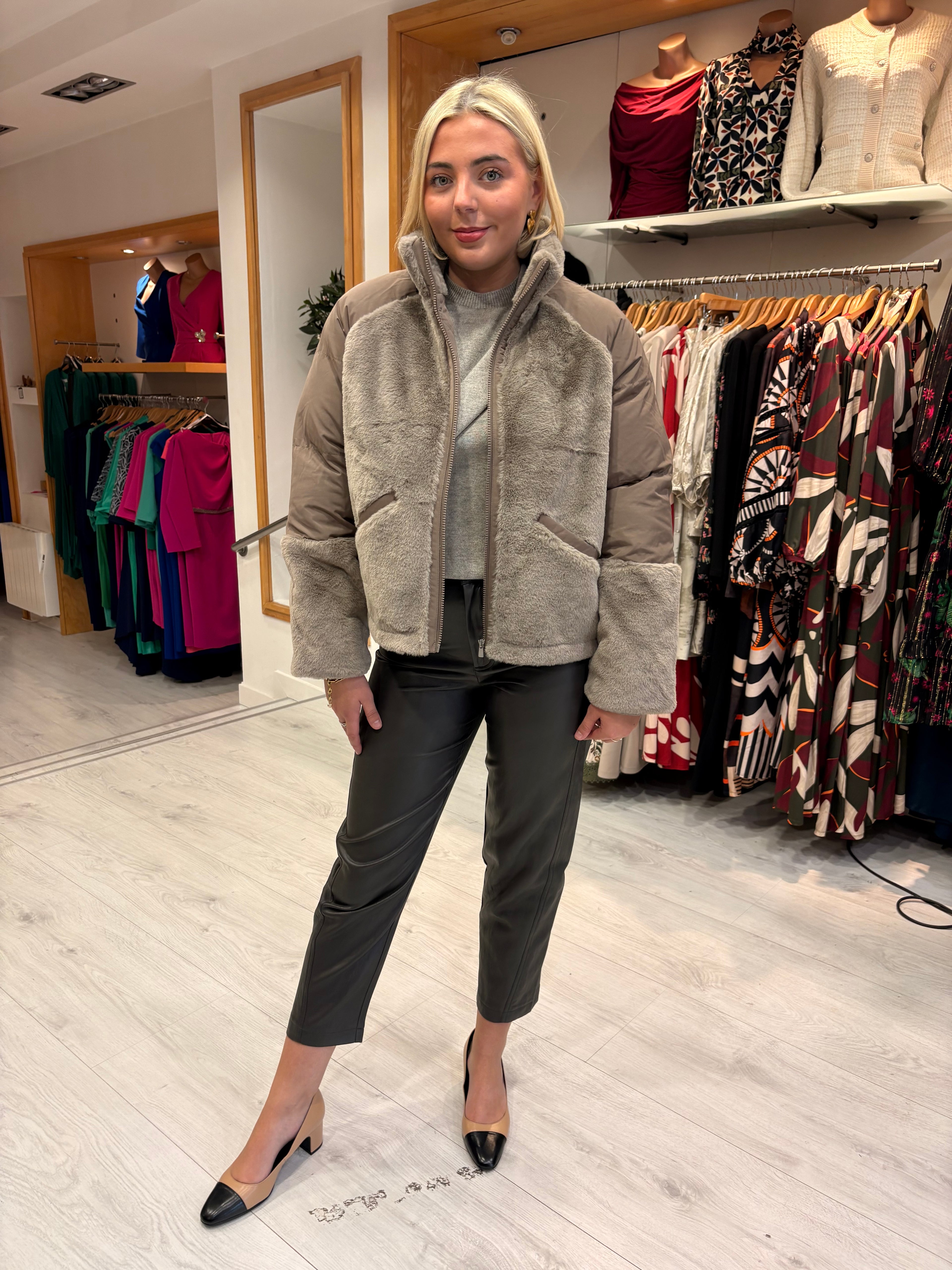 Yaya Taupe Faux Fur & Puffer Contrast Jacket