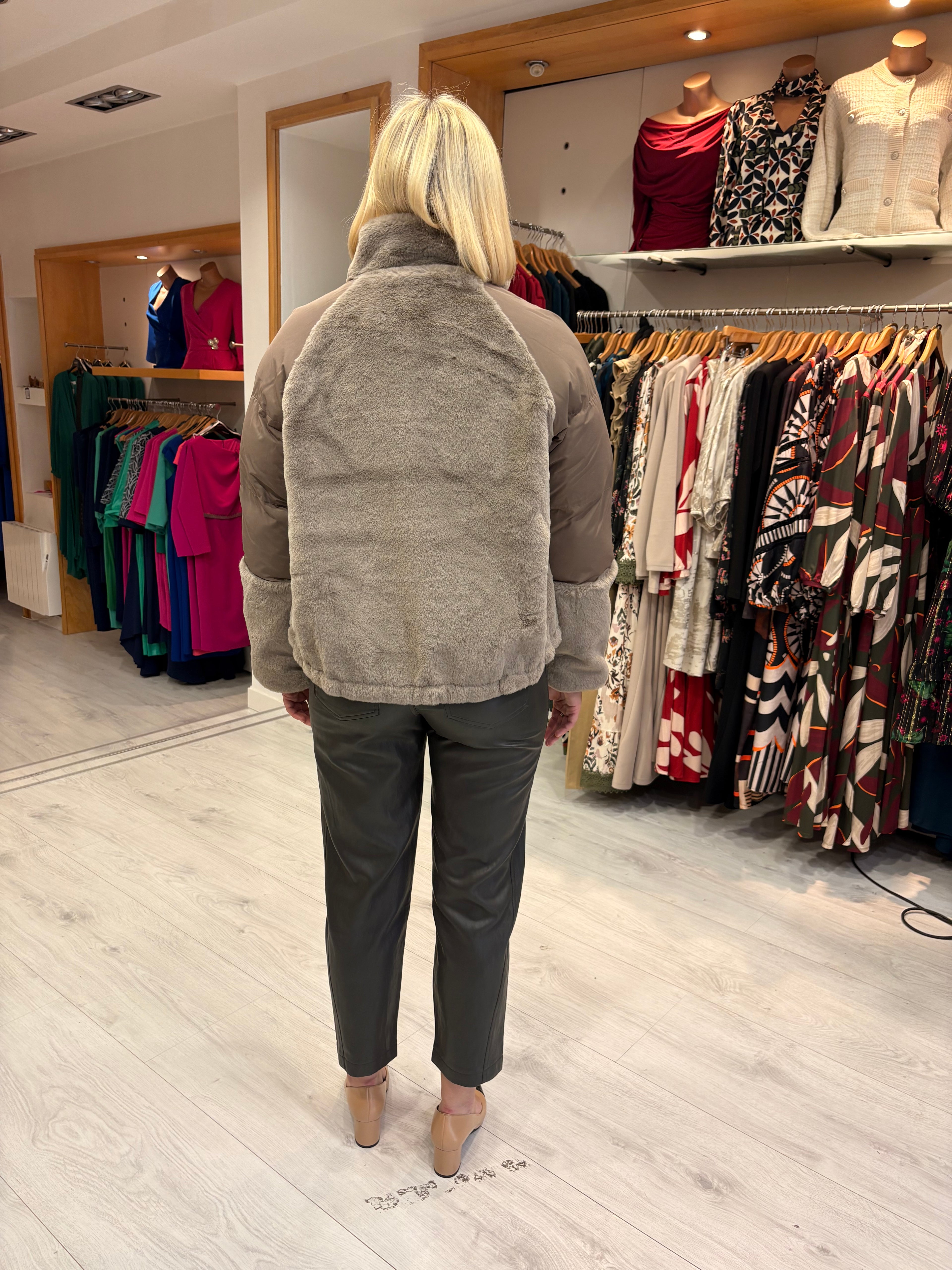 Yaya Taupe Faux Fur & Puffer Contrast Jacket