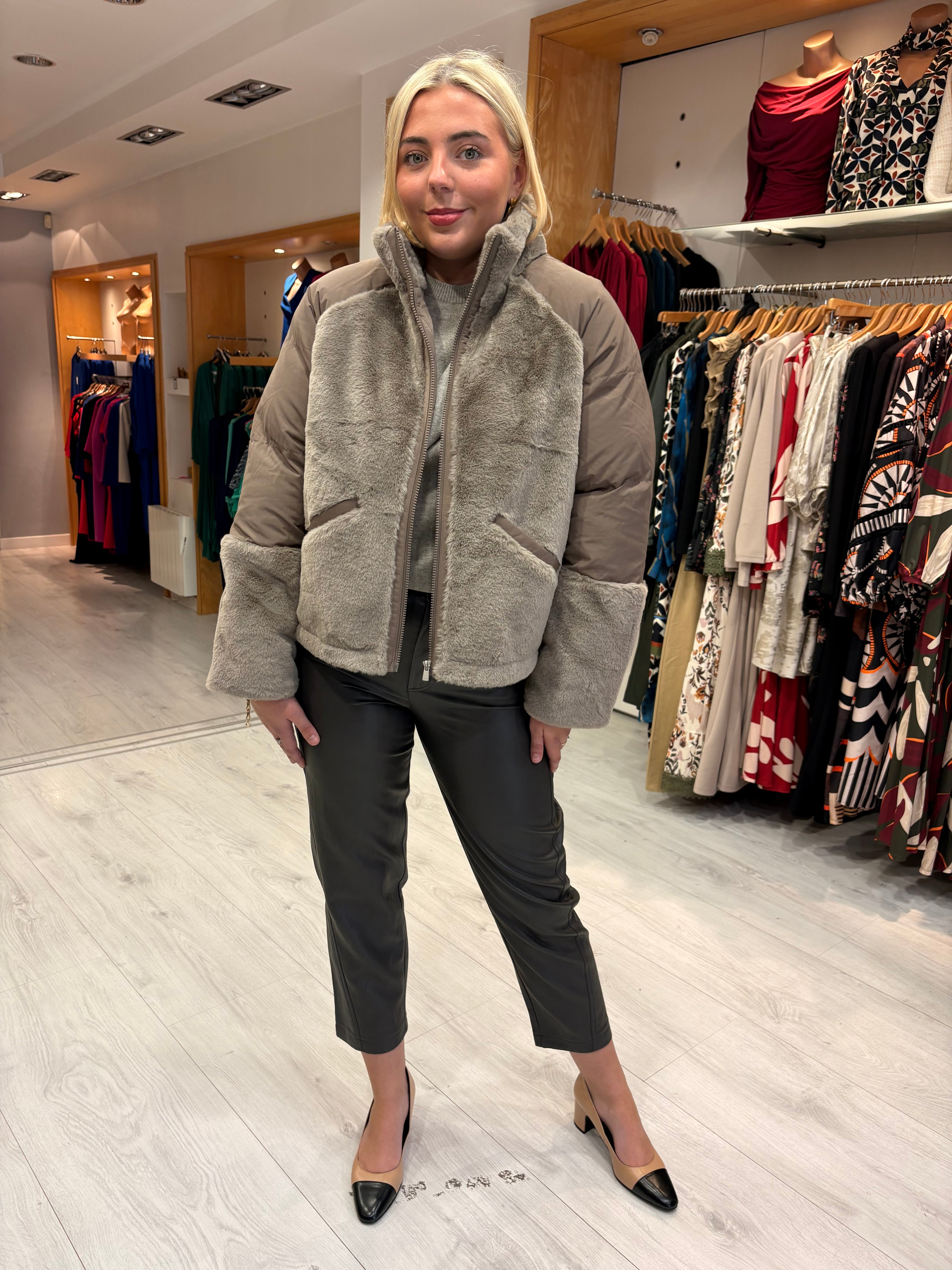 Yaya Taupe Faux Fur & Puffer Contrast Jacket