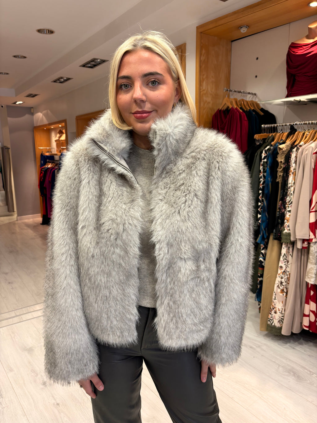 Yaya Luxe Grey Faux Fur Jacket Description: