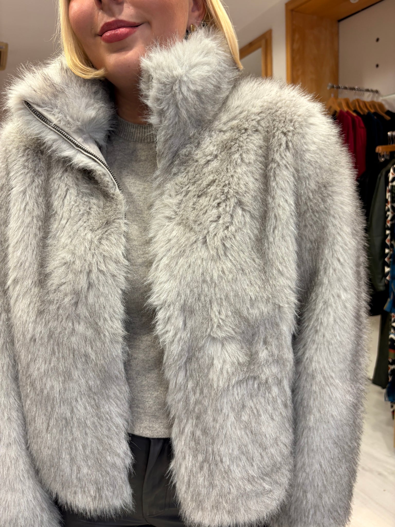 Yaya Luxe Grey Faux Fur Jacket Description: