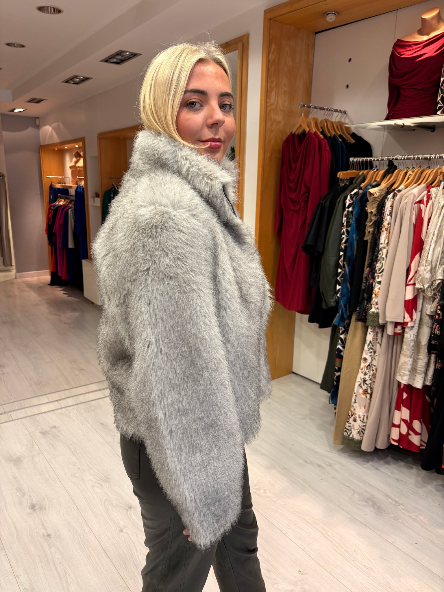 Yaya Luxe Grey Faux Fur Jacket Description: