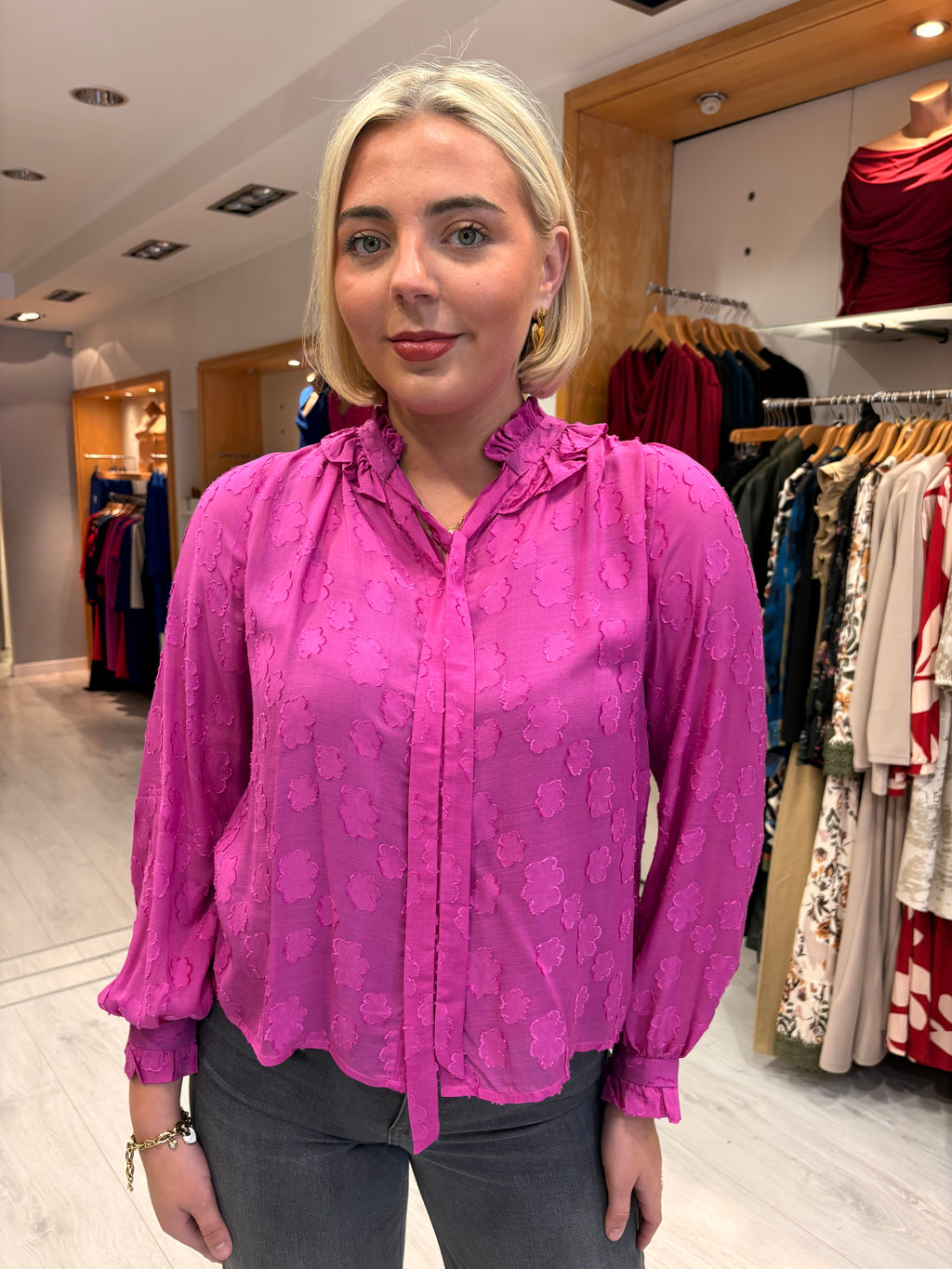 Emiily Lovelock Sheer Jacquard Blouse with Tie Neck