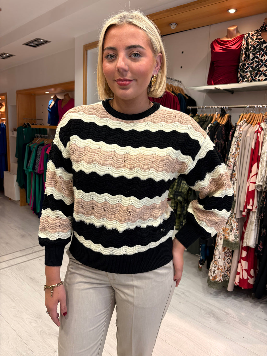 Smashed Lemon Black & Beige Wave Stripe Jumper