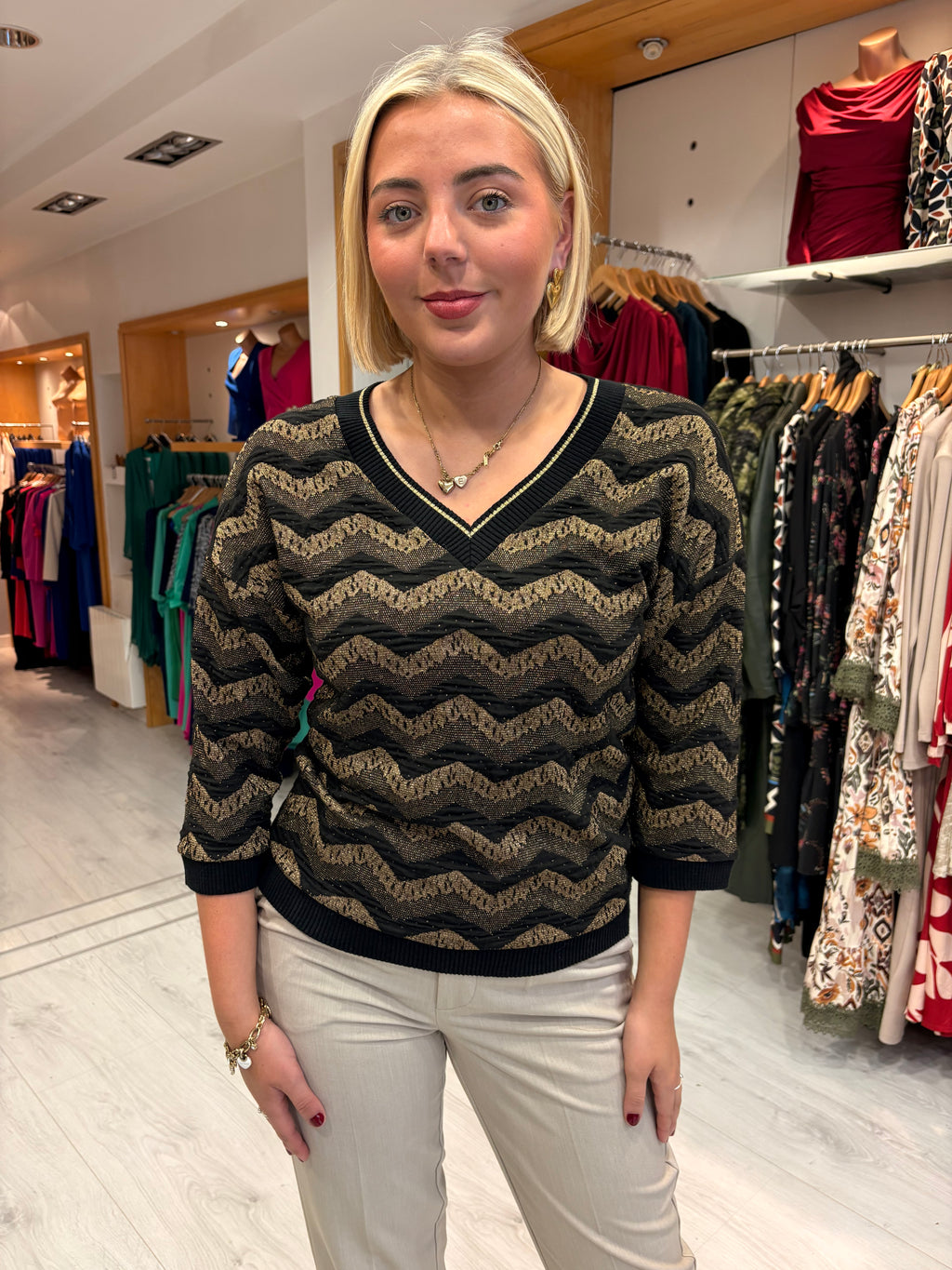 Smashed Lemon Black & Gold Wave Knit Top