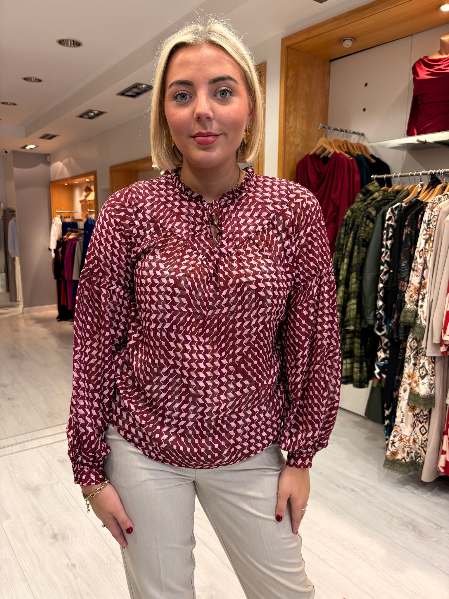 Smashed Lemon Burgundy & Pink Print Blouse