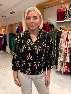 Smashed Lemon Black & Beige Print Blouse