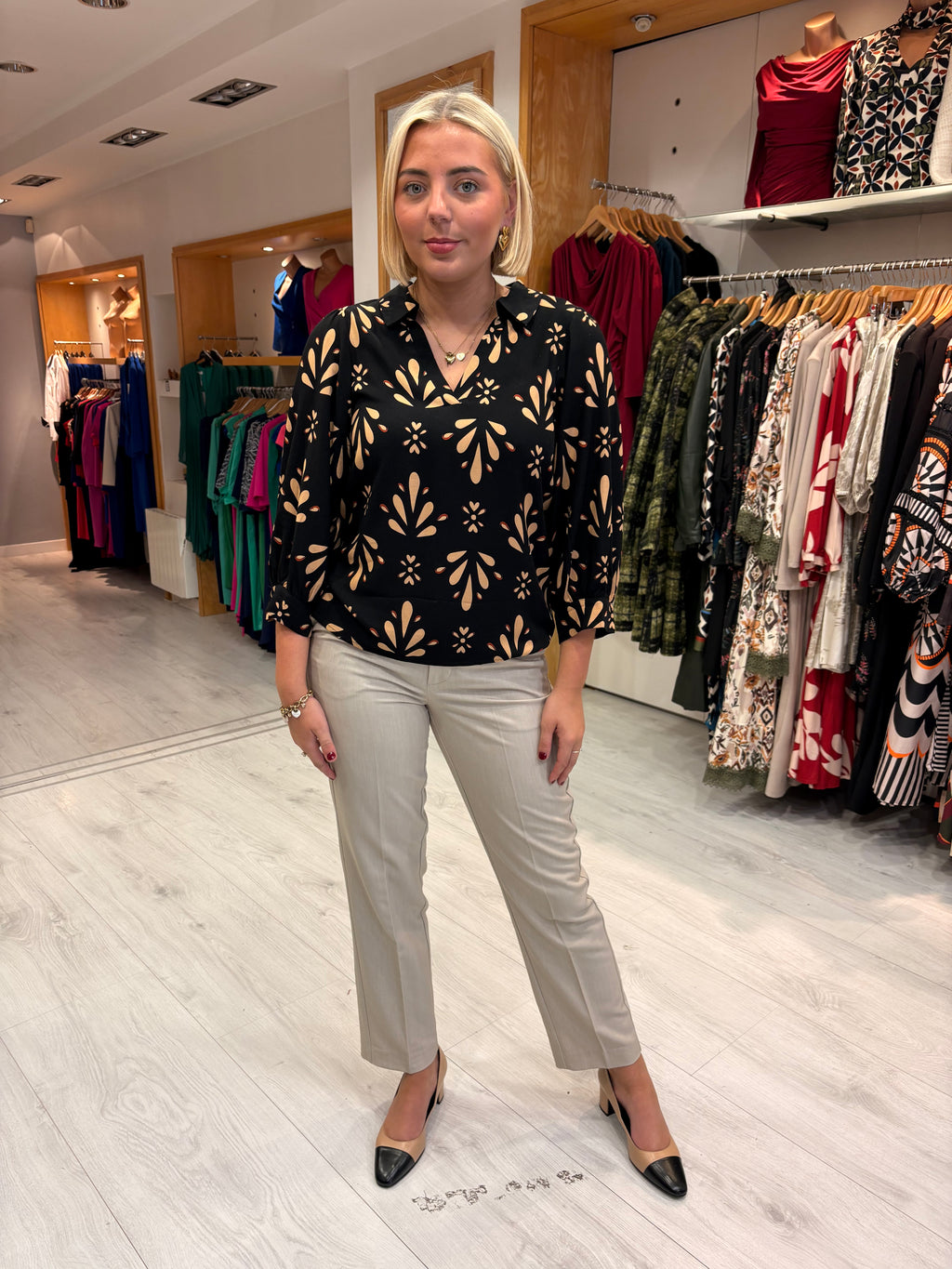 Smashed Lemon Black & Beige Print Blouse