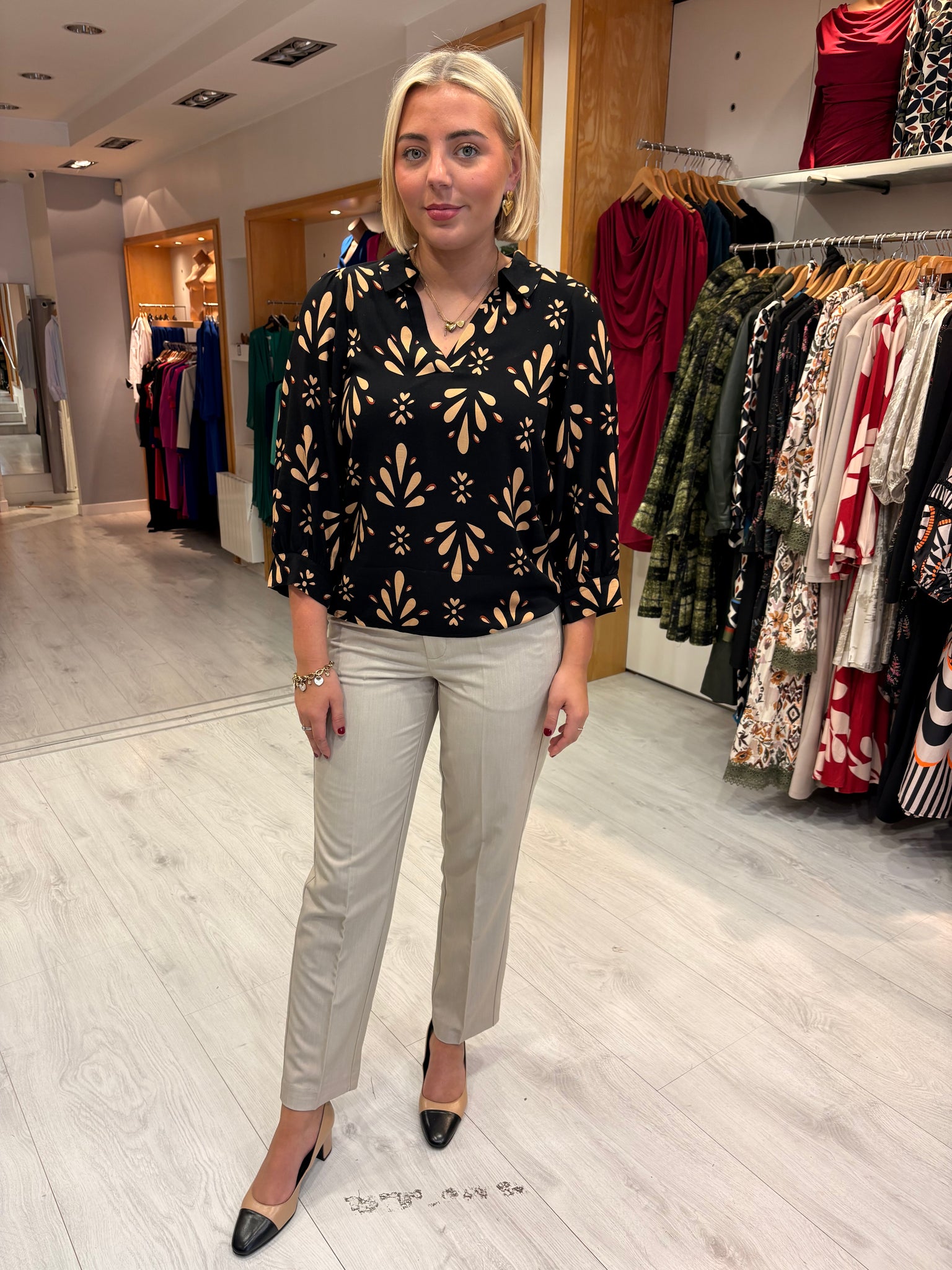 Smashed Lemon Black & Beige Print Blouse
