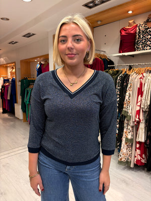 Smashed Lemon Navy Shimmer V-Neck Top