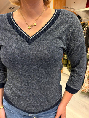 Smashed Lemon Navy Shimmer V-Neck Top