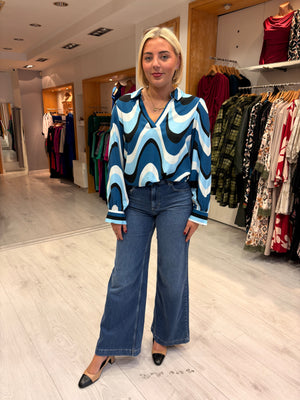 Smashed Lemon Blue & Black Retro Print Blouse