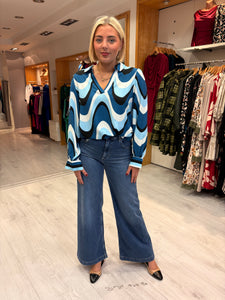 Smashed Lemon Blue & Black Retro Print Blouse
