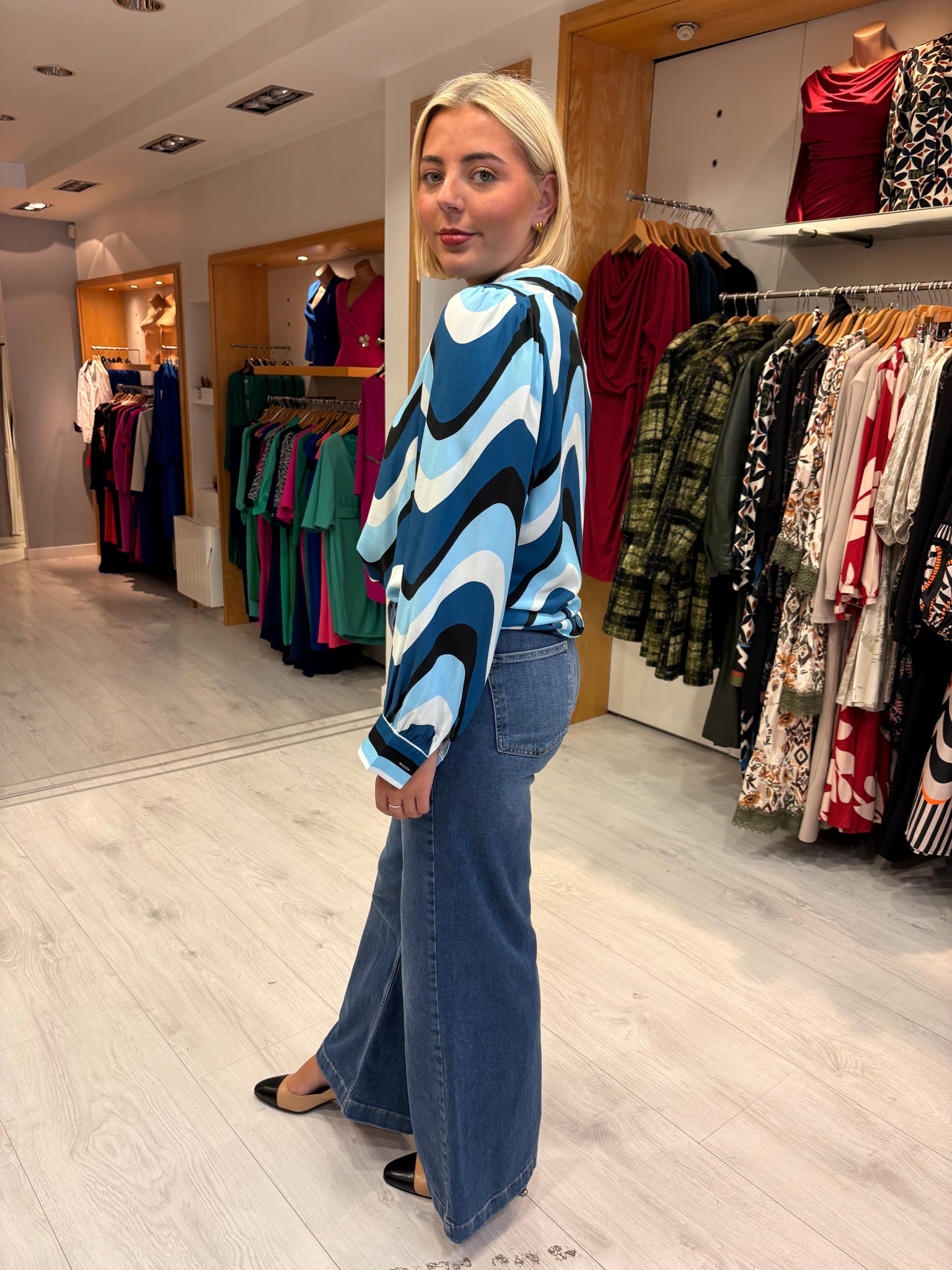 Smashed Lemon Blue & Black Retro Print Blouse