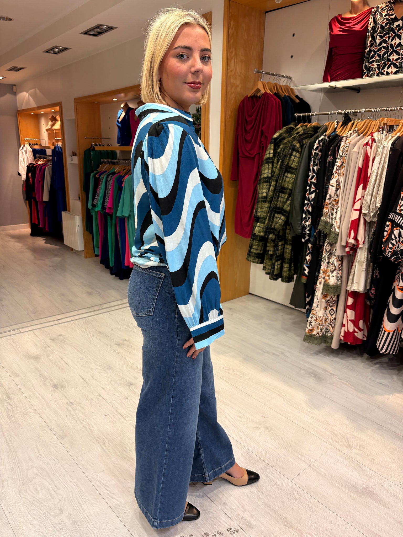Smashed Lemon Blue & Black Retro Print Blouse