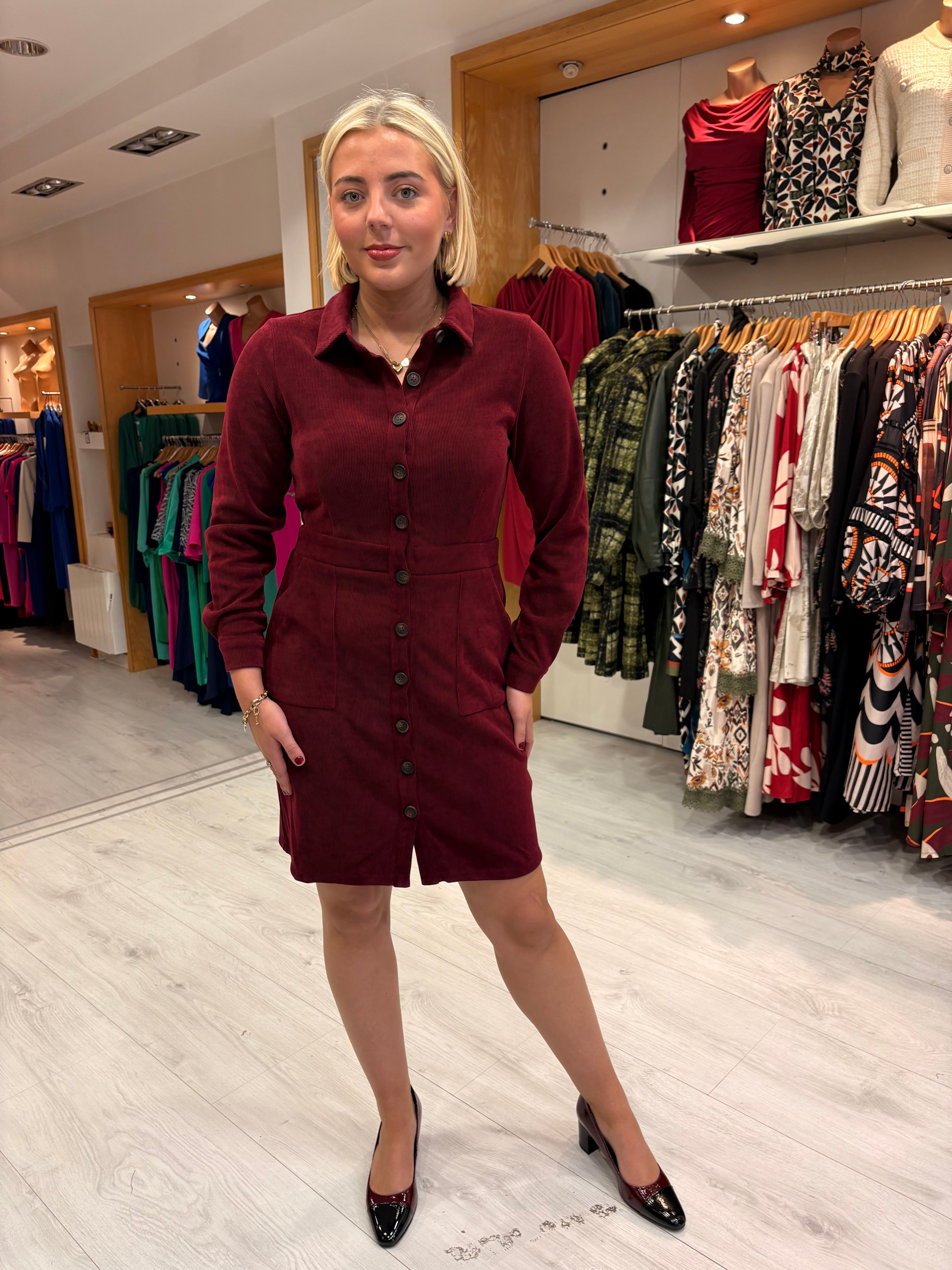 Smashed Lemon Burgundy Corduroy Shirt Dress