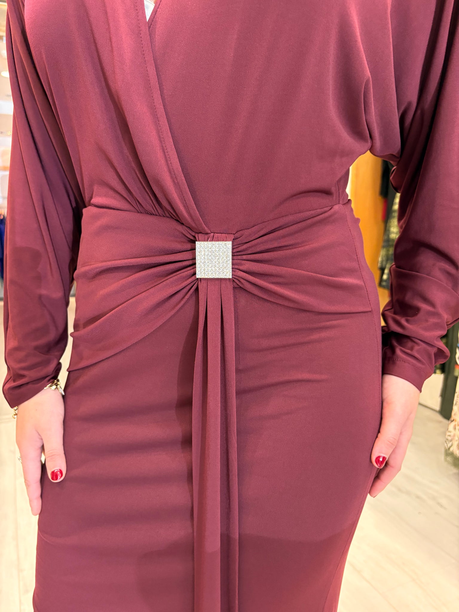 Nissa Burgundy Draped Midi Dress