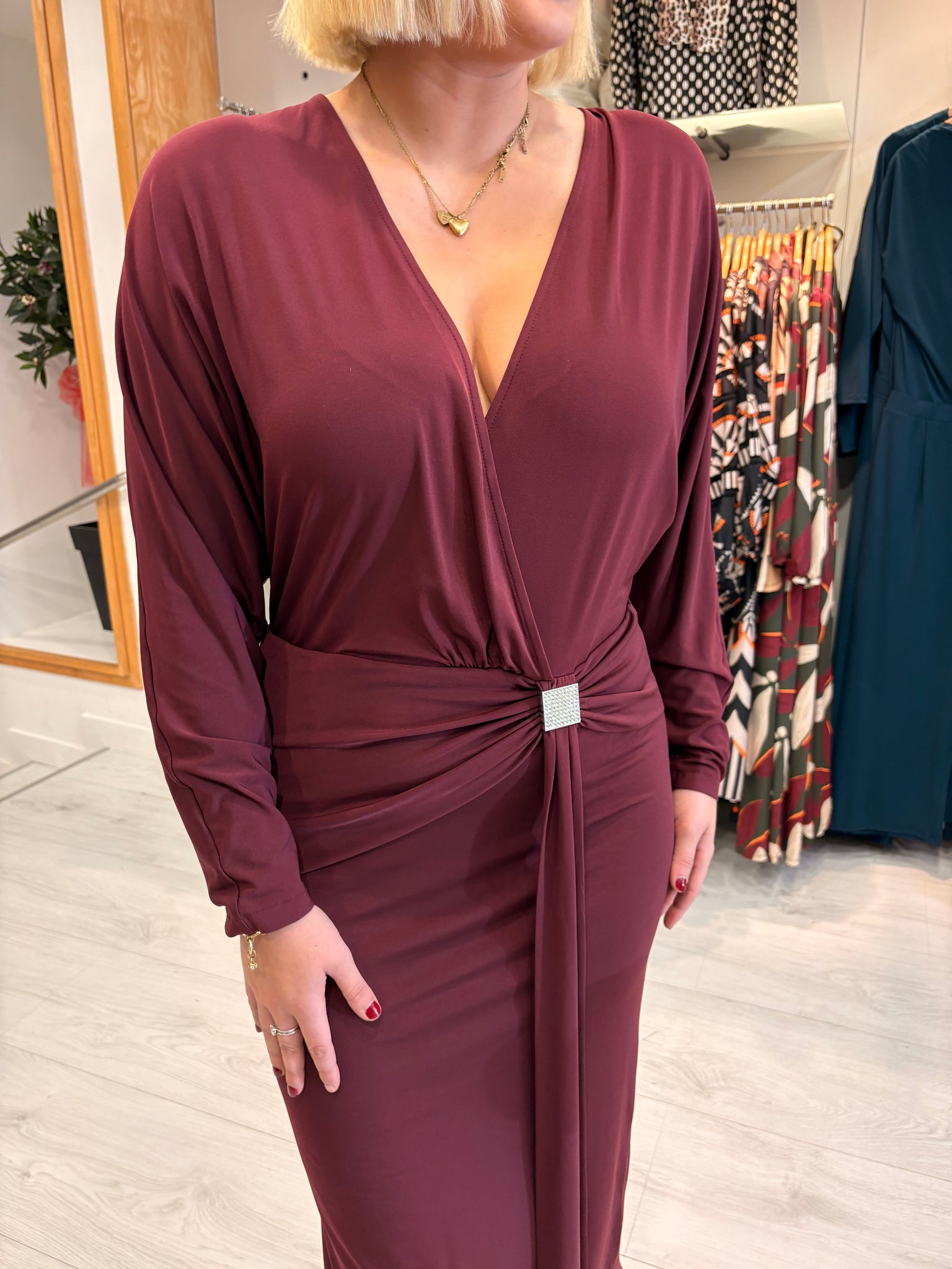 Nissa Burgundy Draped Midi Dress