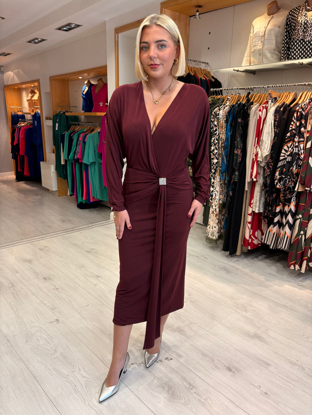 Nissa Burgundy Draped Midi Dress