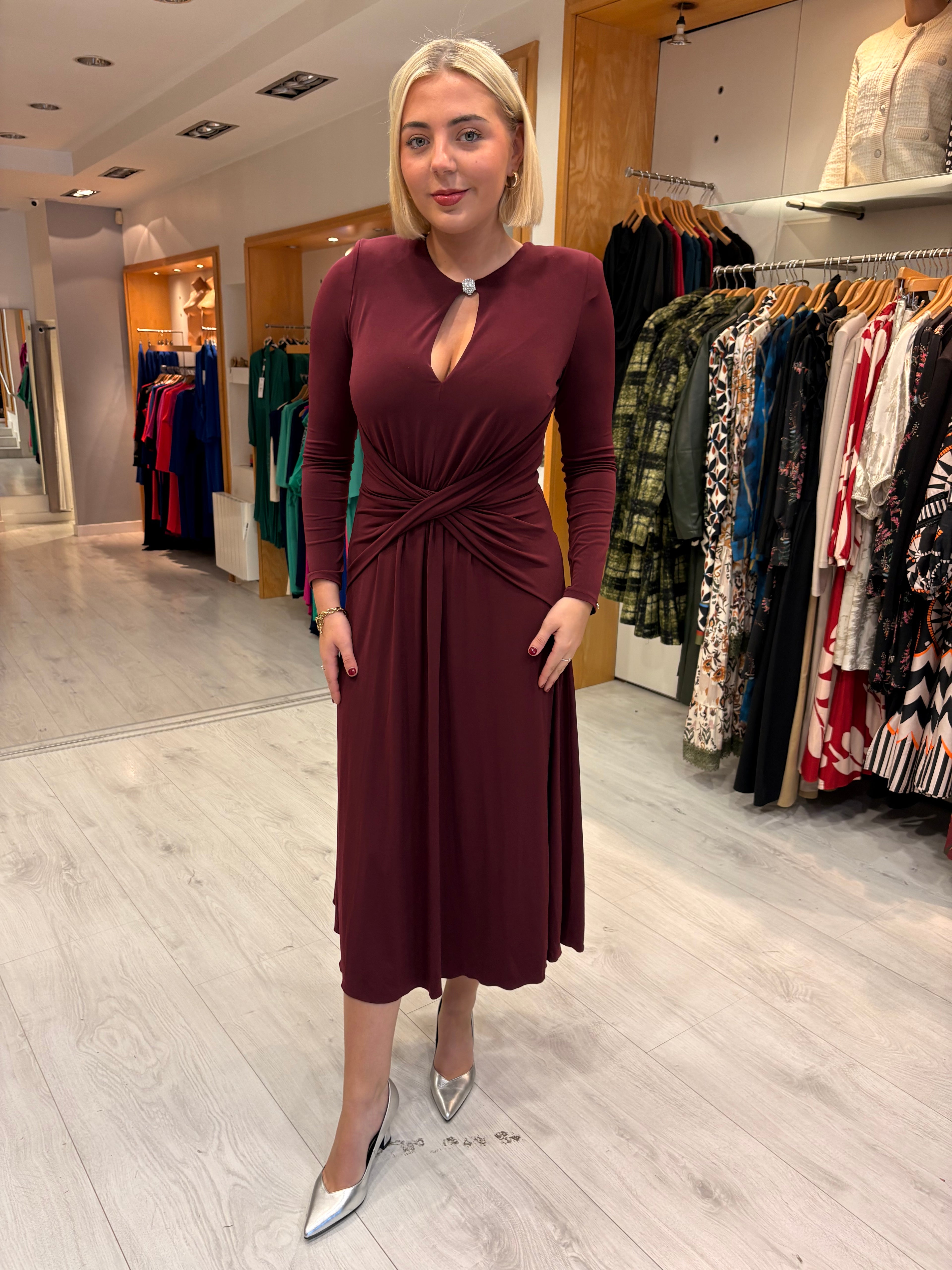 Nissa Burgundy Keyhole Midi Dress