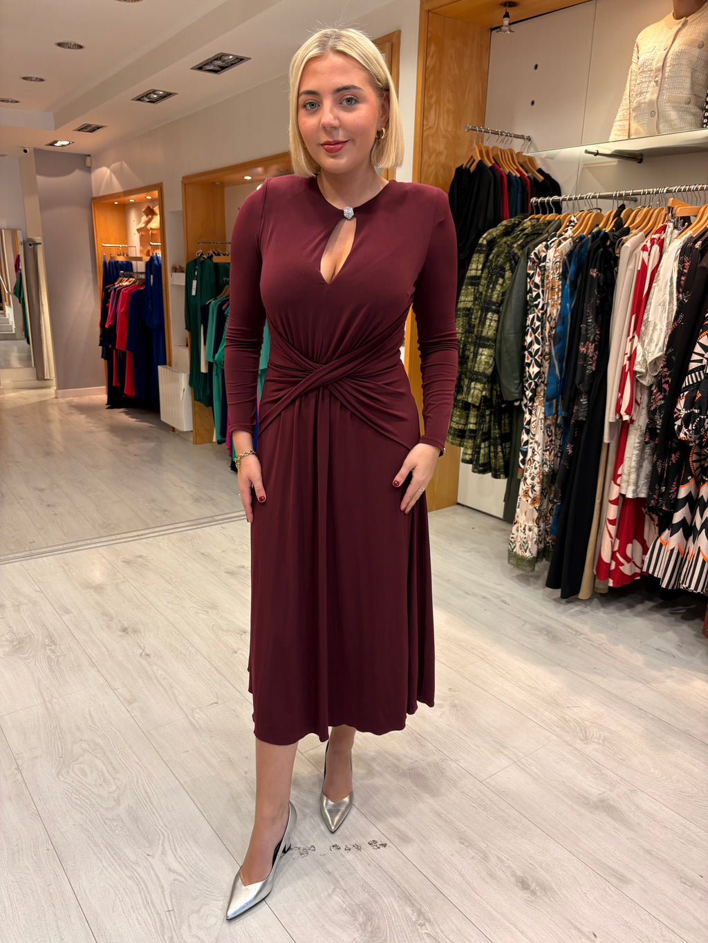 Nissa Burgundy Keyhole Midi Dress