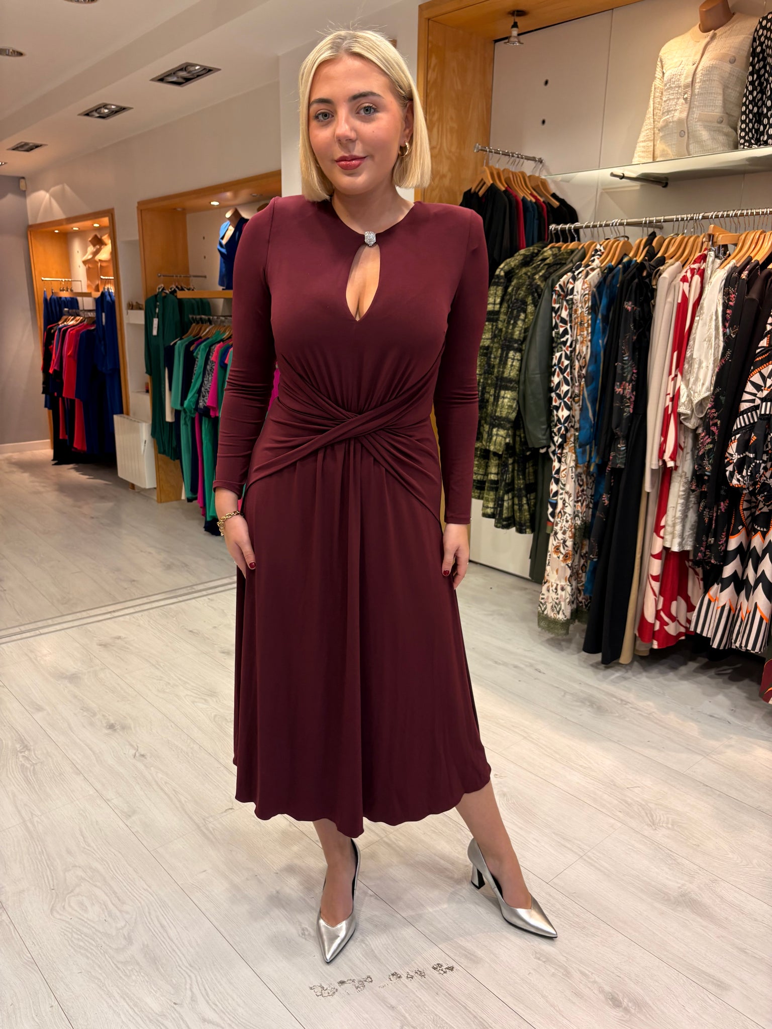 Nissa Burgundy Keyhole Midi Dress