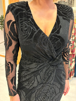 Nissa Black Sheer Rose Midi Dress