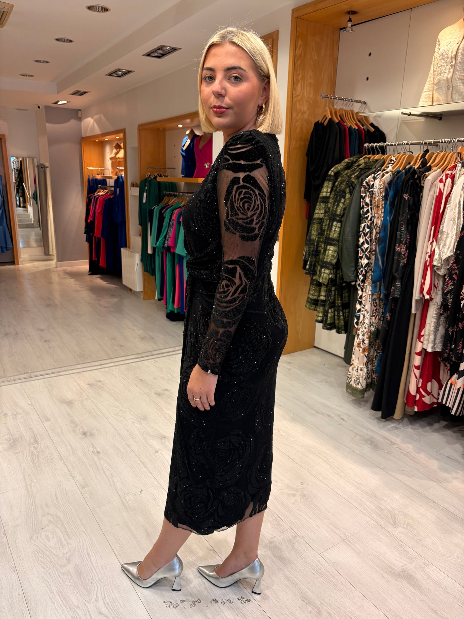 Nissa Black Sheer Rose Midi Dress