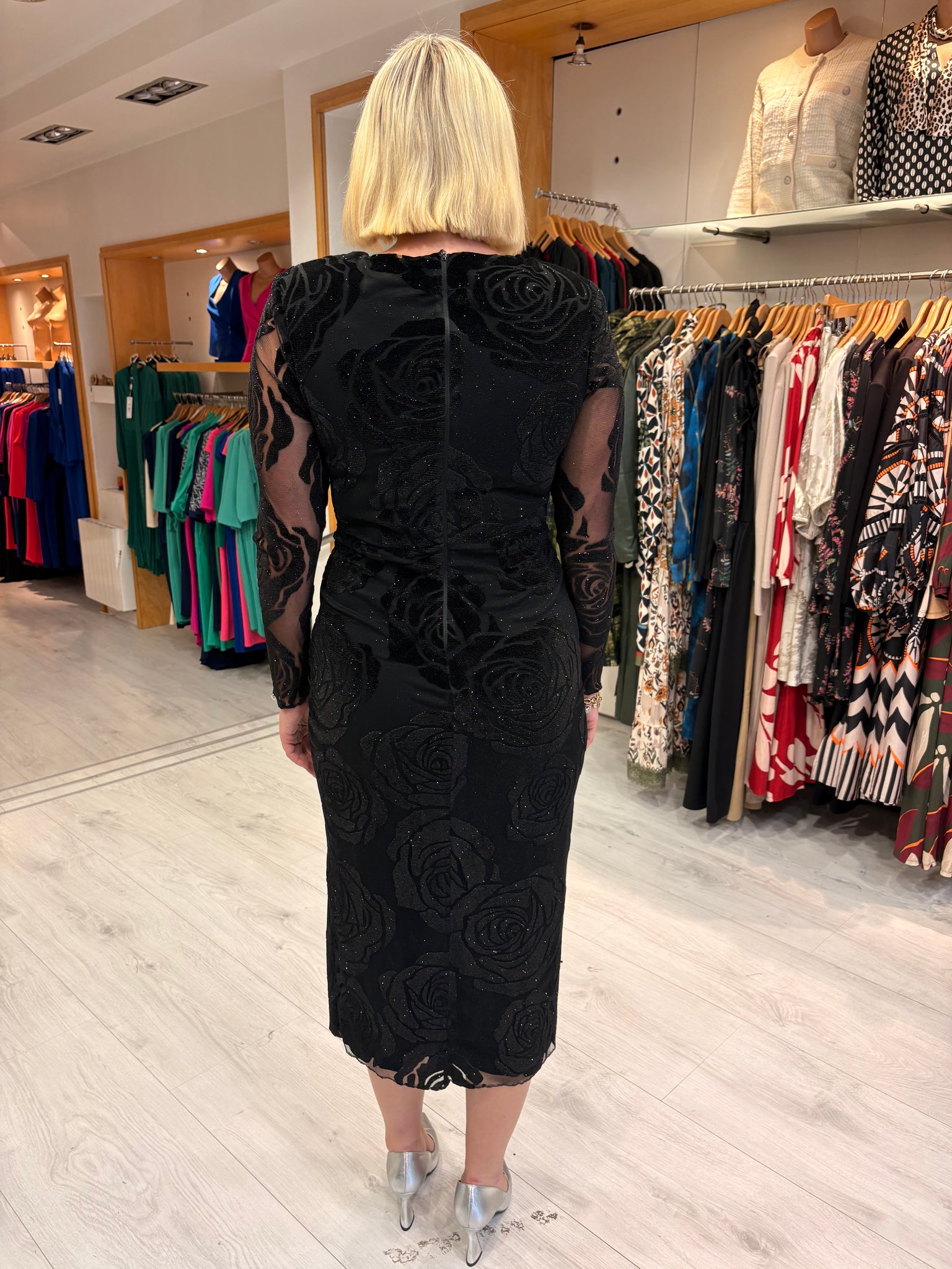 Nissa Black Sheer Rose Midi Dress