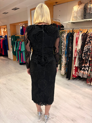 Nissa Black Sheer Rose Midi Dress
