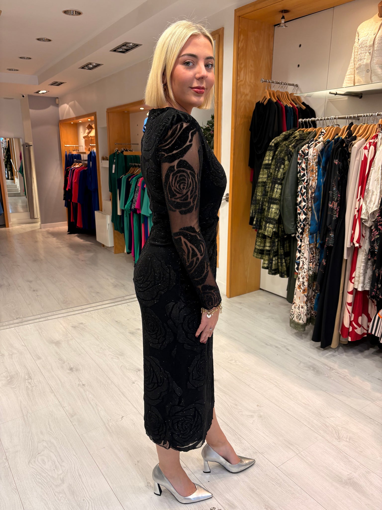 Nissa Black Sheer Rose Midi Dress