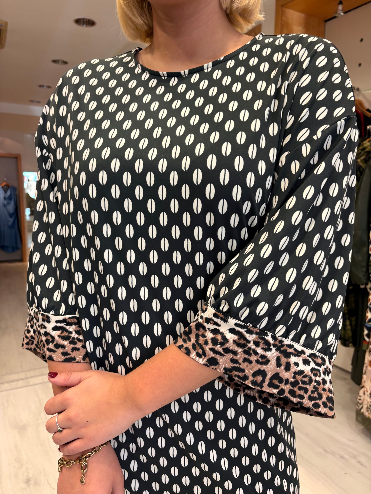 K Design Black & White Print Dress with Animal Trim