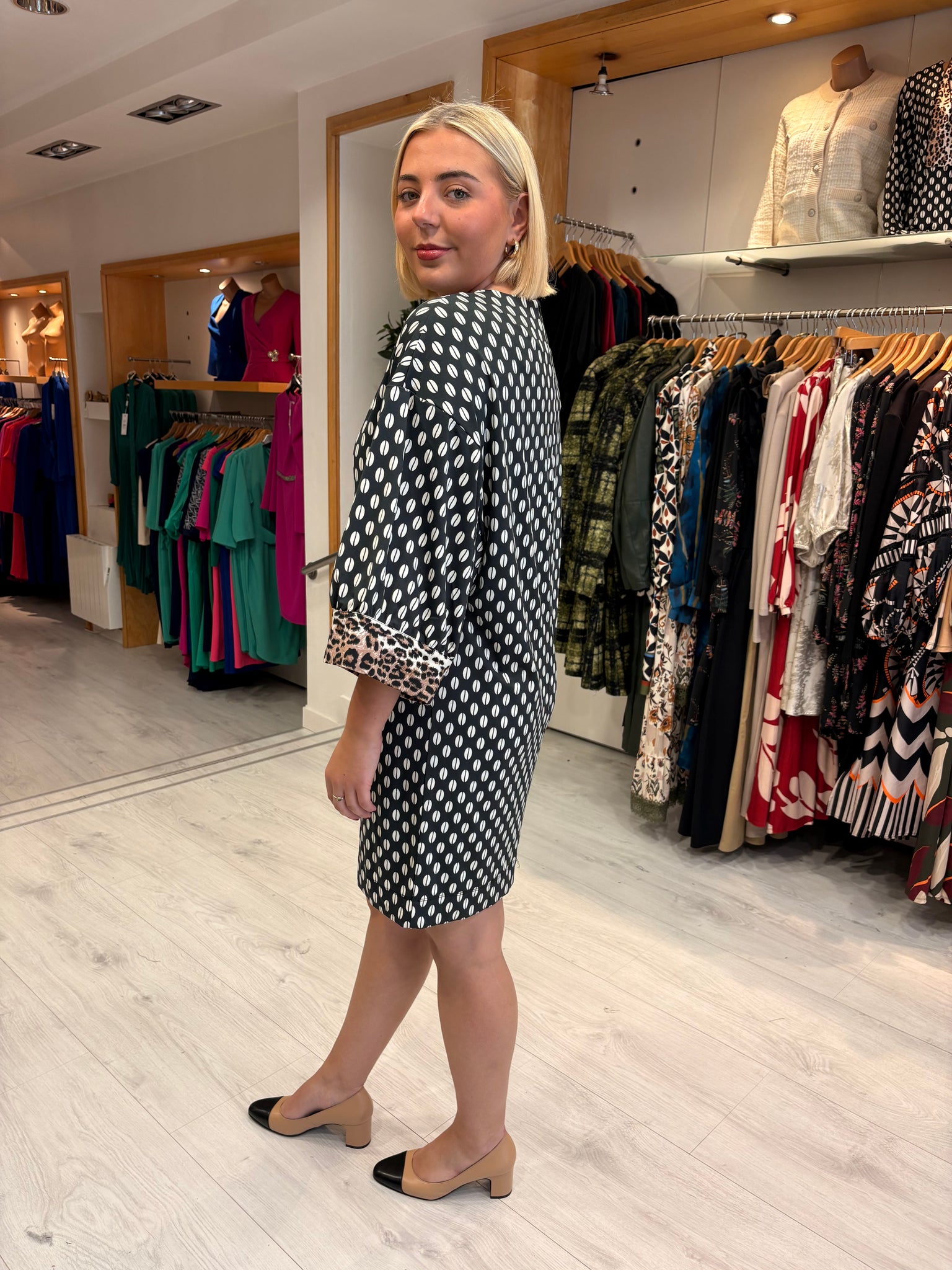 K Design Black & White Print Dress with Animal Trim