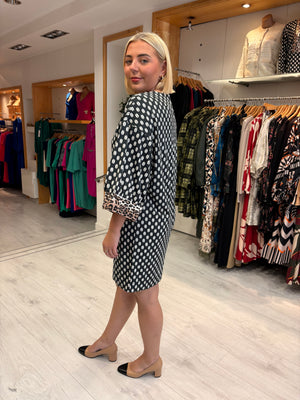 K Design Black & White Print Dress with Animal Trim