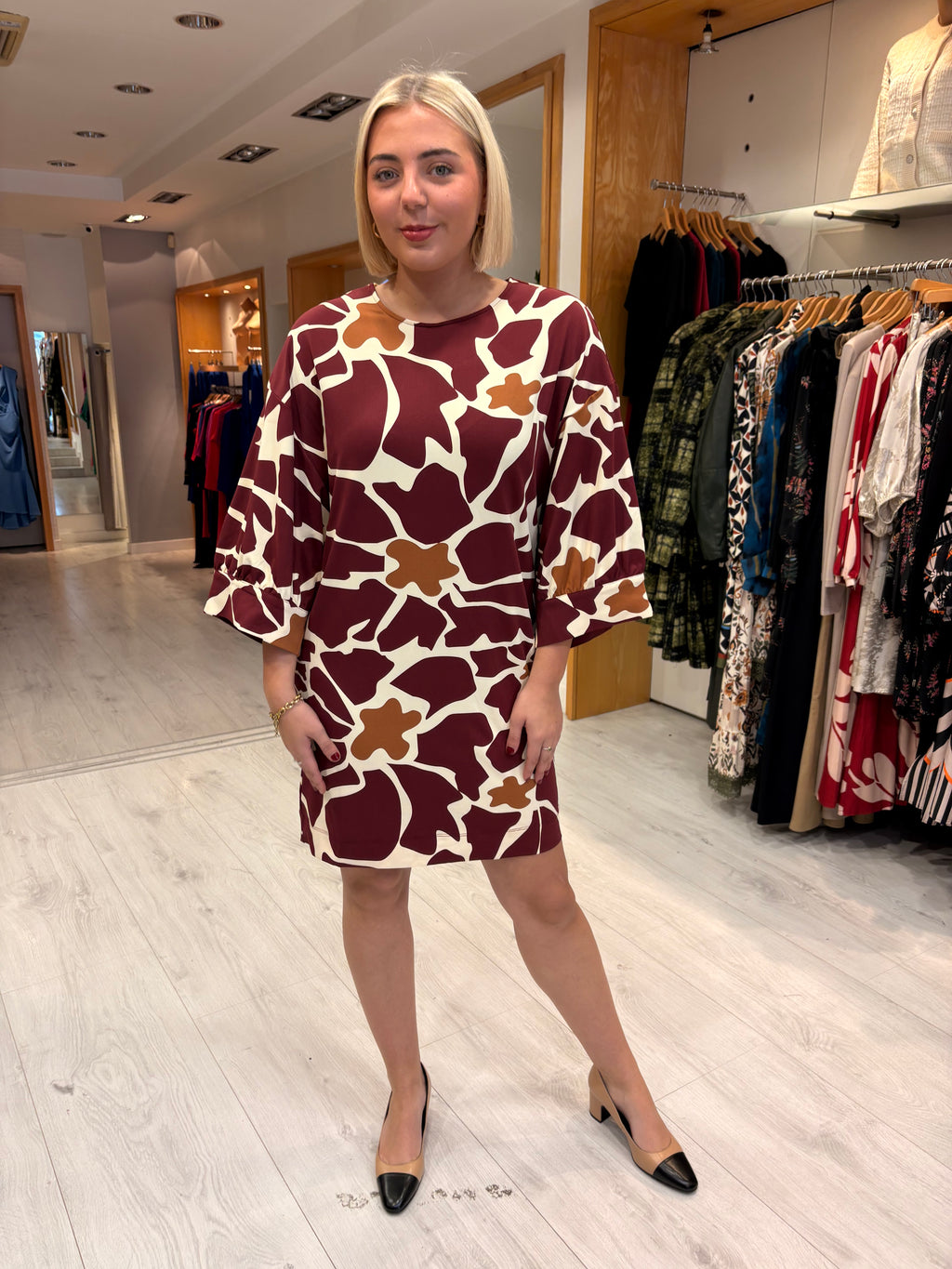 K Design Burgundy & Camel Print Shift Dress