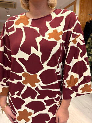 K Design Burgundy & Camel Print Shift Dress