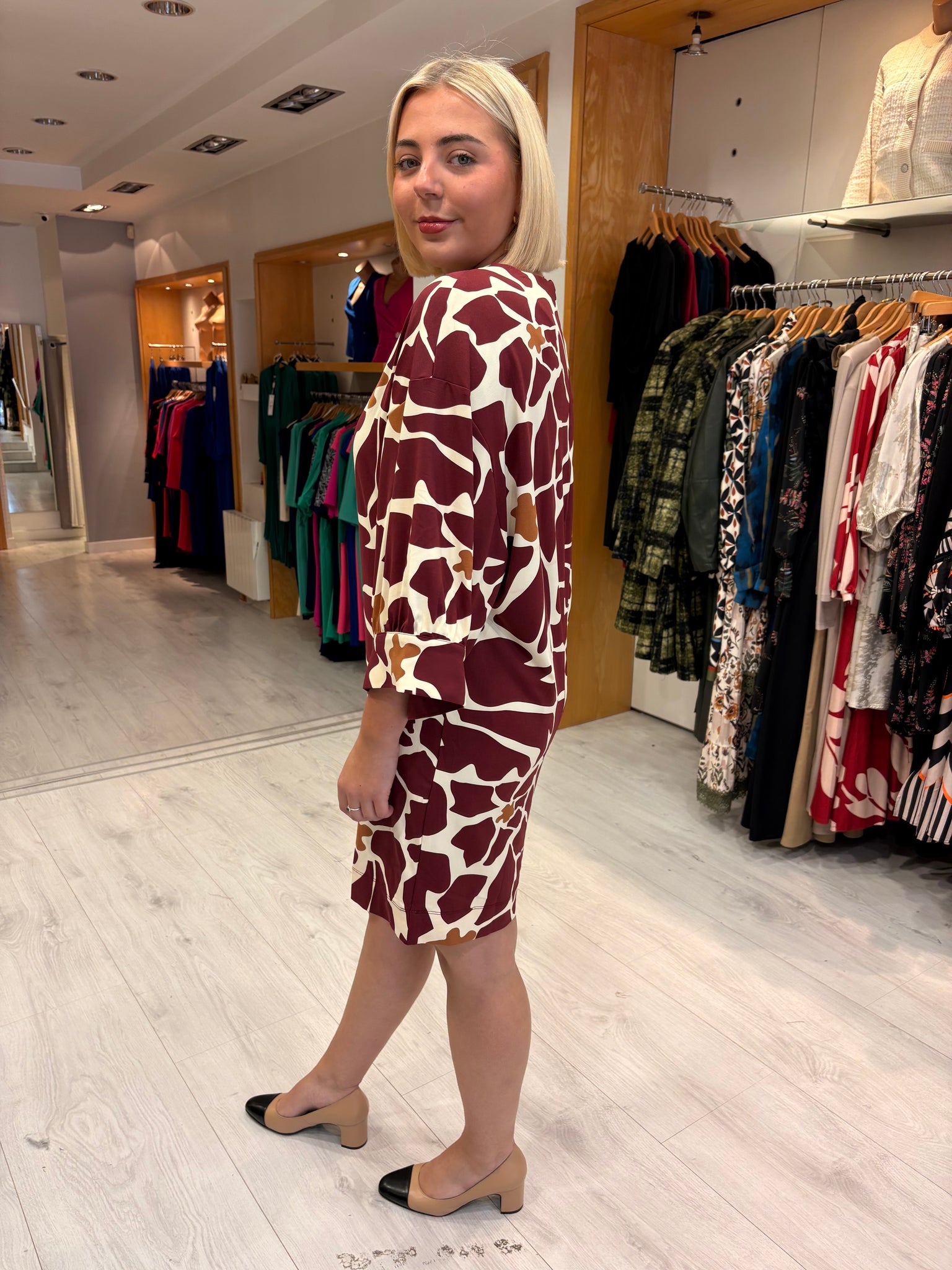 K Design Burgundy & Camel Print Shift Dress