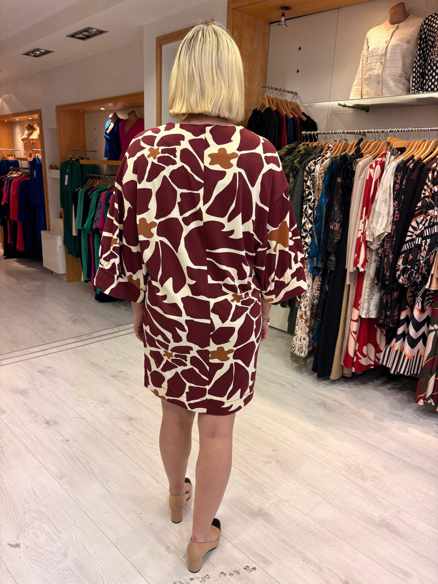 K Design Burgundy & Camel Print Shift Dress