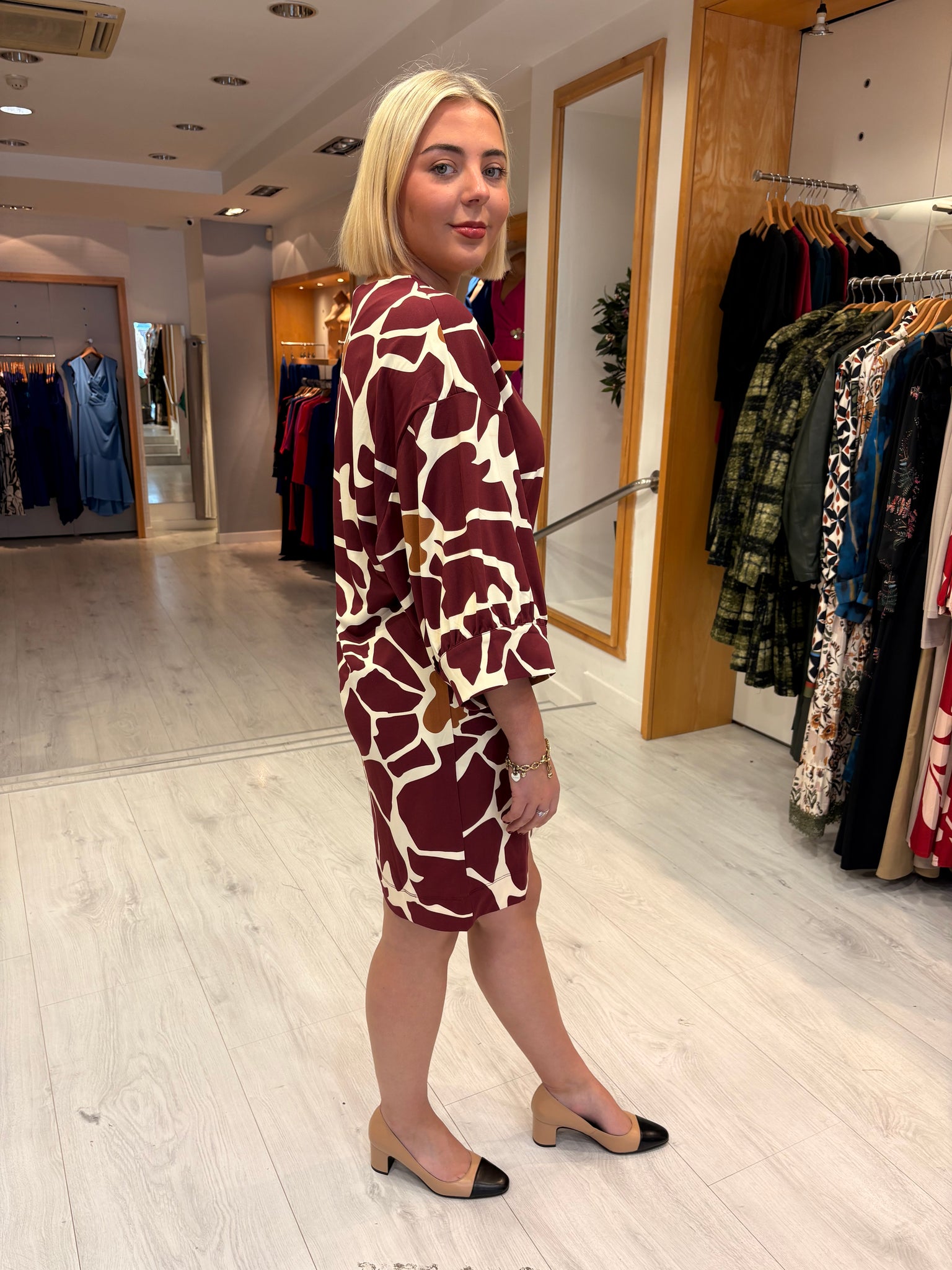 K Design Burgundy & Camel Print Shift Dress