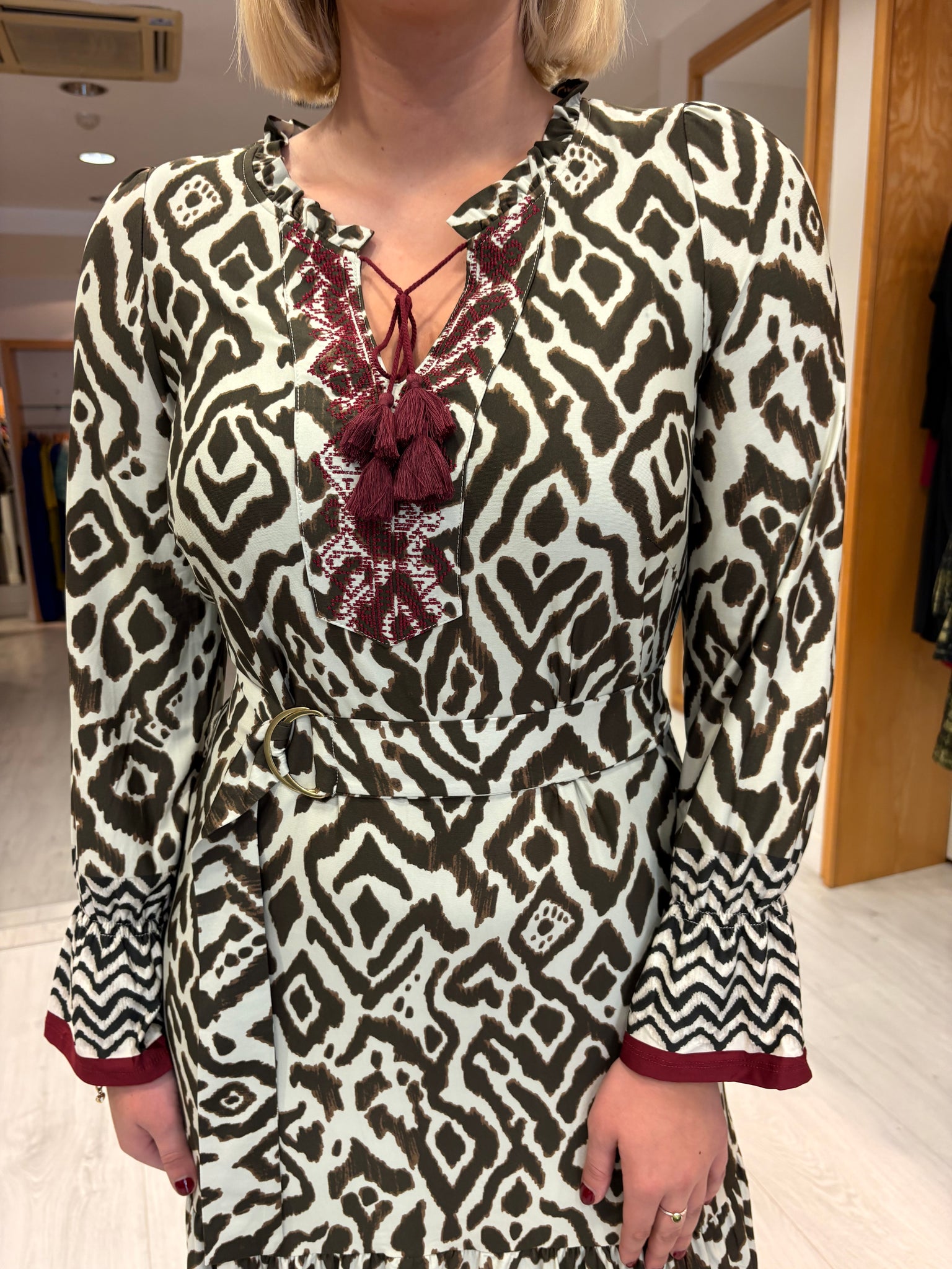 K Design Khaki & Burgundy Print Dress