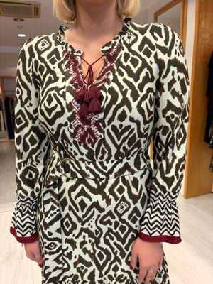 K Design Khaki & Burgundy Print Dress