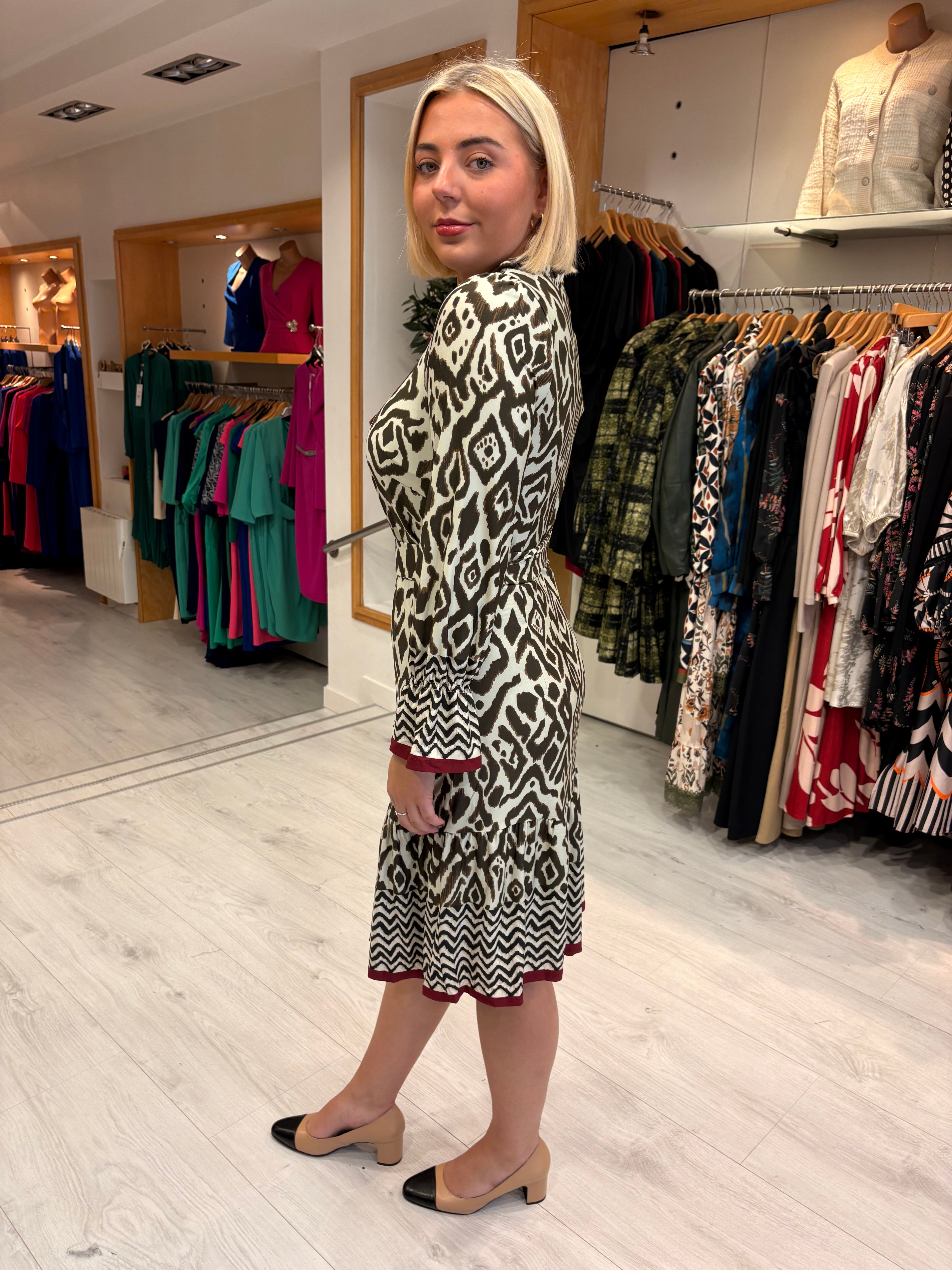 K Design Khaki & Burgundy Print Dress