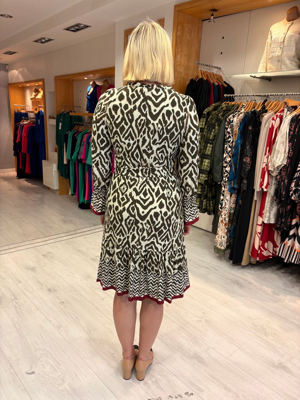 K Design Khaki & Burgundy Print Dress