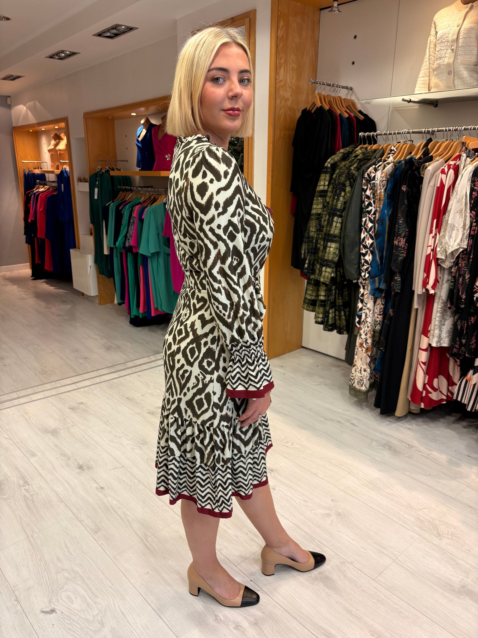 K Design Khaki & Burgundy Print Dress