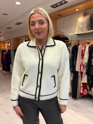 K Design Cream Contrast Trim Cardigan Jacket