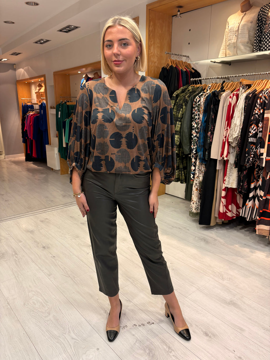 K Design Camel & Black Geometric Print Blouse