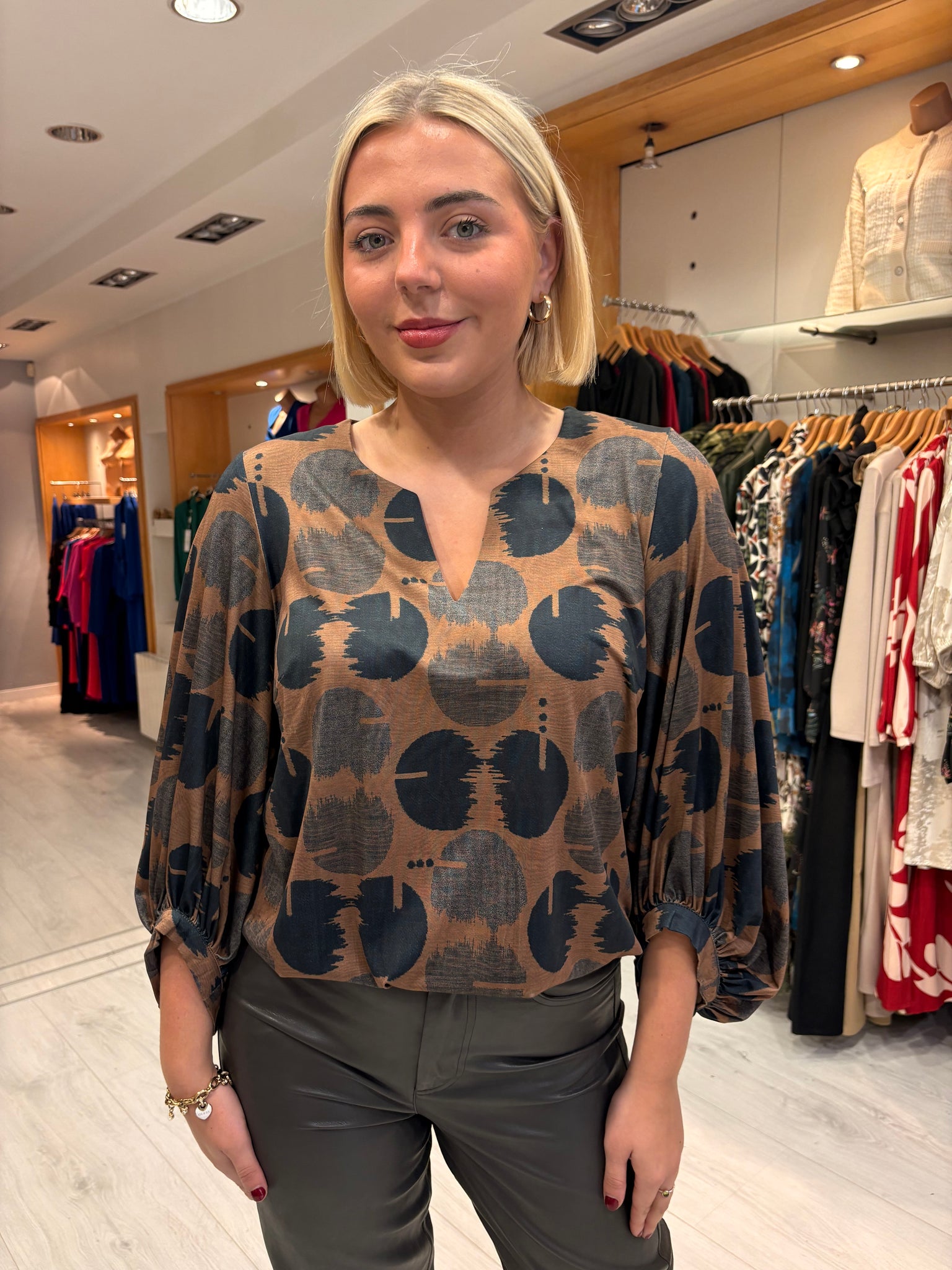 K Design Camel & Black Geometric Print Blouse