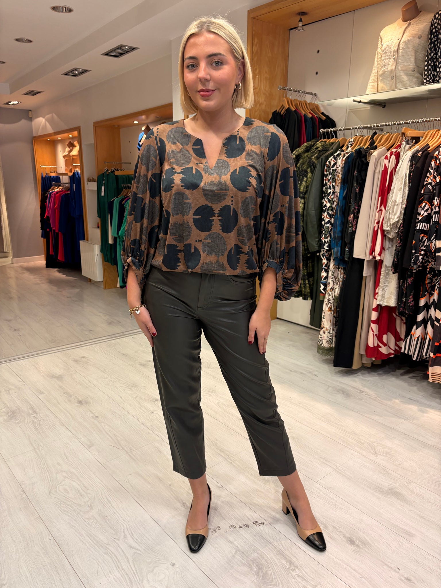 K Design Camel & Black Geometric Print Blouse